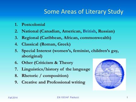 Some Areas of Literary Study 1.Postcolonial 2.National (Canadian, American, British, Russian) 3.Regional (Caribbean, African, commonwealth) 4.Classical.