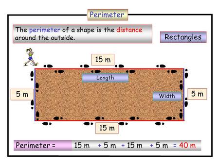 Perimeter Rectangles 15 m 5 m 5 m 15 m Perimeter = 15 m + 5 m + 15 m