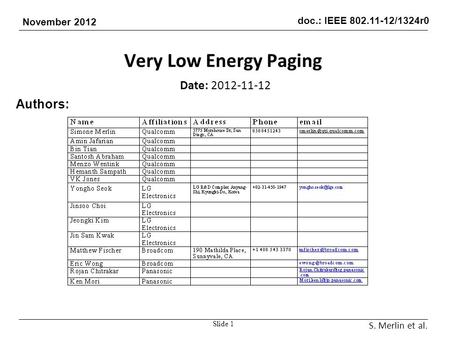 Doc.: IEEE 802.11-12/1324r0 November 2012 Very Low Energy Paging Date: 2012-11-12 Authors: Slide 1 S. Merlin et al.