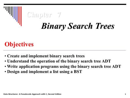 Data Structures: A Pseudocode Approach with C, Second Edition 1 Chapter 7 Objectives Create and implement binary search trees Understand the operation.