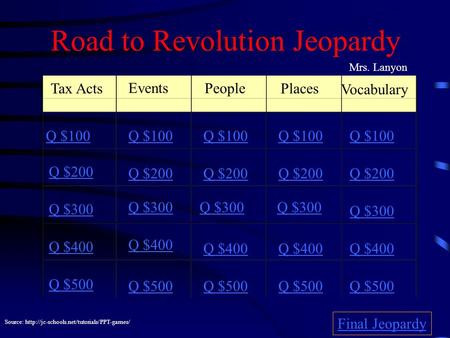 Road to Revolution Jeopardy Tax Acts Events People Places Vocabulary Q $100 Q $200 Q $300 Q $400 Q $500 Q $100 Q $200 Q $300 Q $400 Q $500 Final Jeopardy.