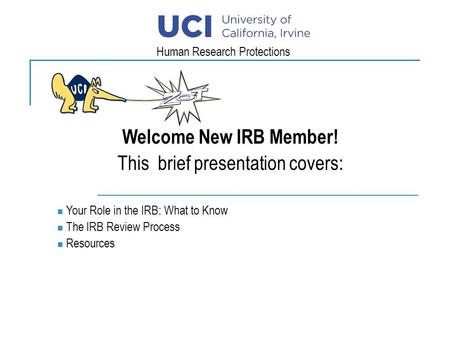 Welcome New IRB Member! This brief presentation covers: Your Role in the IRB: What to Know The IRB Review Process Resources Human Research Protections.