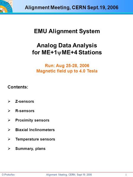 Alignment Meeting, CERN, Sept 19, 2006O.Prokofiev 1 EMU Alignment System Analog Data Analysis for ME+1yME+4 Stations Run: Aug 25-28, 2006 Magnetic field.