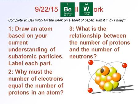 4.3 Distinguishing Among Atoms > 1 9/22/15 ll ork 1: Draw an atom based on your current understanding of subatomic particles. Label each part. 2: Why must.
