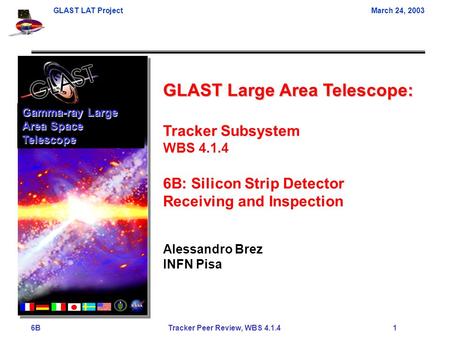 GLAST LAT ProjectMarch 24, 2003 6B Tracker Peer Review, WBS 4.1.4 1 GLAST Large Area Telescope: Tracker Subsystem WBS 4.1.4 6B: Silicon Strip Detector.