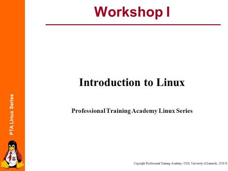 PTA Linux Series Copyright Professional Training Academy, CSIS, University of Limerick, 2006 © Workshop I Introduction to Linux Professional Training Academy.