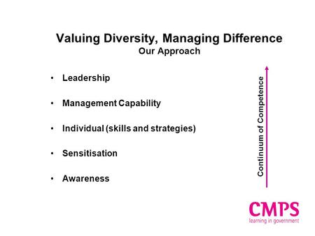 Valuing Diversity, Managing Difference Our Approach Leadership Management Capability Individual (skills and strategies) Sensitisation Awareness Continuum.