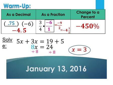 January 13, 2016 Warm-Up:Warm-Up: As a DecimalAs a Fraction Change to a Percent.75 Solv e: