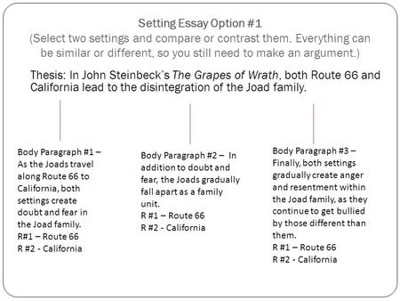 Setting Essay Option #1 (Select two settings and compare or contrast them. Everything can be similar or different, so you still need to make an argument.)