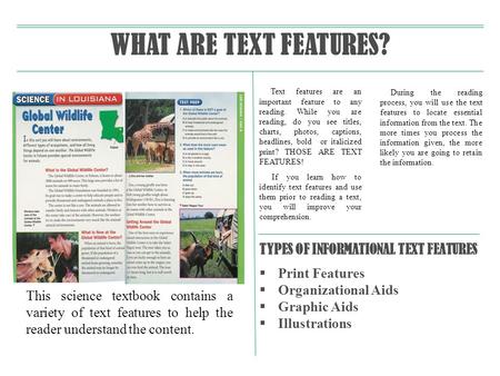 Text features are an important feature to any reading. While you are reading, do you see titles, charts, photos, captions, headlines, bold or italicized.