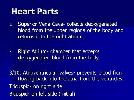 Heart Parts Superior Vena Cava- collects deoxygenated blood from the upper regions of the body and returns it to the right atrium. Right Atrium- chamber.