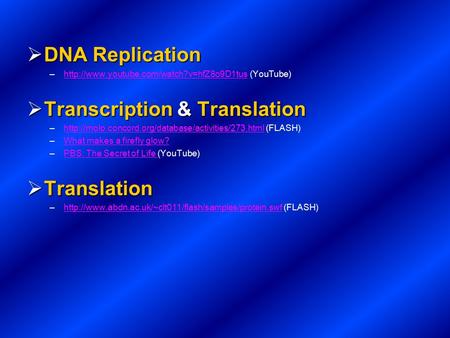  DNA Replication –http://www.youtube.com/watch?v=hfZ8o9D1tus (YouTube)http://www.youtube.com/watch?v=hfZ8o9D1tus  Transcription & Translation –http://molo.concord.org/database/activities/273.html.