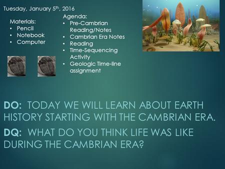 Tuesday, January 5 th, 2016 DO: TODAY WE WILL LEARN ABOUT EARTH HISTORY STARTING WITH THE CAMBRIAN ERA. DQ: WHAT DO YOU THINK LIFE WAS LIKE DURING THE.