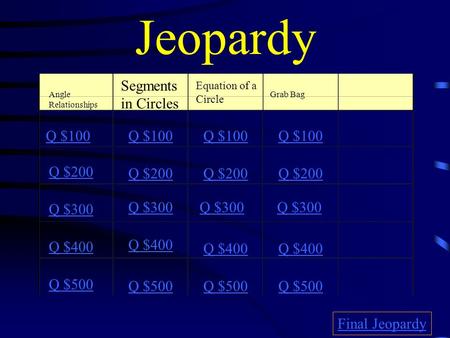 Jeopardy Angle Relationships Segments in Circles Equation of a Circle Grab Bag Q $100 Q $200 Q $300 Q $400 Q $500 Q $100 Q $200 Q $300 Q $400 Q $500 Final.