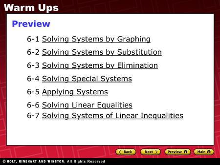 6-1 Solving Systems by Graphing 6-2 Solving Systems by Substitution 6-3 Solving Systems by Elimination 6-4 Solving Special Systems 6-5 Applying Systems.
