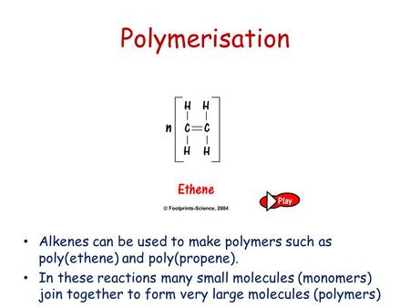 Polymerisation Alkenes can be used to make polymers such as poly(ethene) and poly(propene). In these reactions many small molecules (monomers) join together.