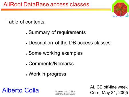 Alberto Colla - CERN ALICE off-line week 1 Alberto Colla ALICE off-line week Cern, May 31, 2005 Table of contents: ● Summary of requirements ● Description.