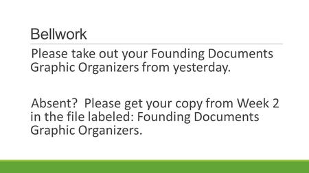 Bellwork Please take out your Founding Documents Graphic Organizers from yesterday. Absent? Please get your copy from Week 2 in the file labeled: Founding.