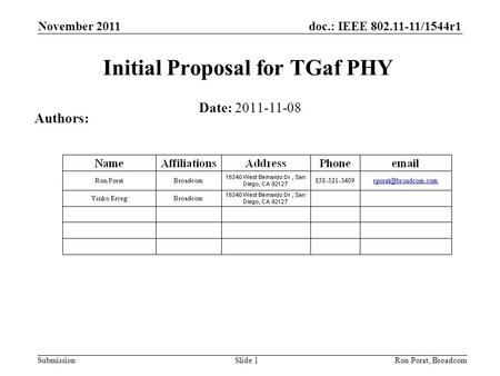 Doc.: IEEE 802.11-11/1544r1 Submission November 2011 Ron Porat, Broadcom Initial Proposal for TGaf PHY Date: 2011-11-08 Authors: Slide 1.