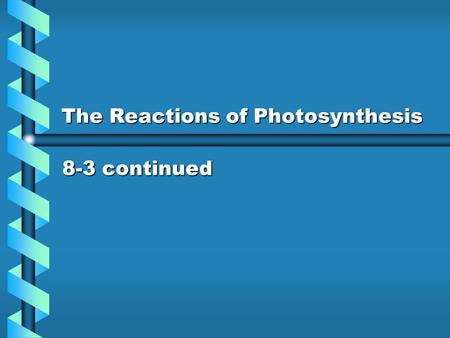 The Reactions of Photosynthesis 8-3 continued. The Calvin Cycle Also known as light-independent reactions, or dark reactionsAlso known as light-independent.