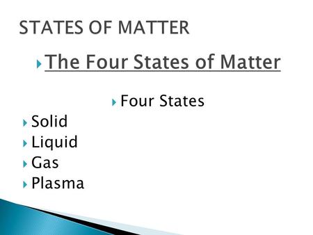  The Four States of Matter  Four States  Solid  Liquid  Gas  Plasma.
