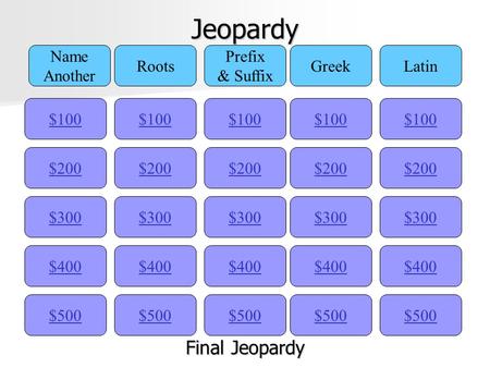 Jeopardy $100 Name Another Roots Prefix & Suffix GreekLatin $200 $300 $400 $500 $400 $300 $200 $100 $500 $400 $300 $200 $100 $500 $400 $300 $200 $100.