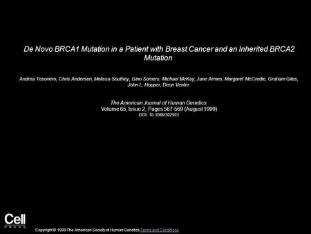 De Novo BRCA1 Mutation in a Patient with Breast Cancer and an Inherited BRCA2 Mutation Andrea Tesoriero, Chris Andersen, Melissa Southey, Gino Somers,