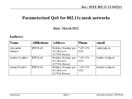 Doc.: IEEE 802.11-12-0422r1 SubmissionAlexander Safonov, IITP RASSlide 1 Parameterized QoS for 802.11s mesh networks Date: March 2012 Authors: