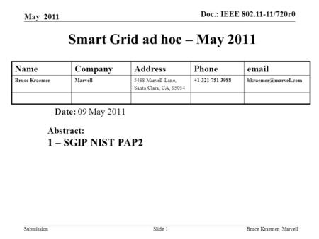 Doc.: IEEE 802.11-11/0506r2 Submission Doc.: IEEE 802.11-11/720r0 May 2011 Bruce Kraemer, MarvellSlide 1 Smart Grid ad hoc – May 2011 Date: 09 May 2011.