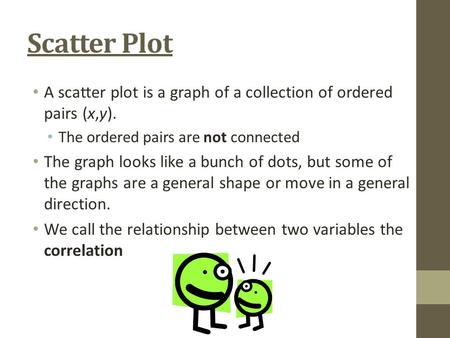 Scatter Plot A scatter plot is a graph of a collection of ordered pairs (x,y). The ordered pairs are not connected The graph looks like a bunch of dots,