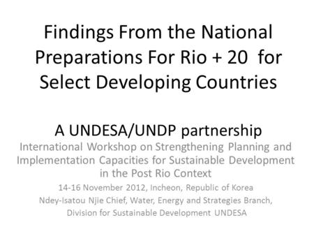 Findings From the National Preparations For Rio + 20 for Select Developing Countries A UNDESA/UNDP partnership International Workshop on Strengthening.