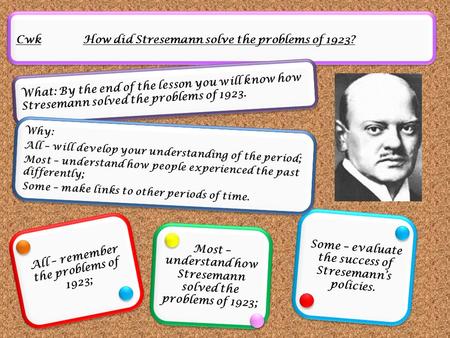 Cwk How did Stresemann solve the problems of 1923? What: By the end of the lesson you will know how Stresemann solved the problems of 1923. All – remember.