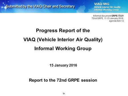 VIAQ IWG Vehicle Interior Air Quality Informal Working Group 1p Progress Report of the VIAQ (Vehicle Interior Air Quality) Informal Working Group Report.