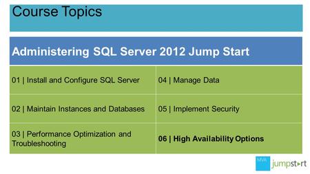 Course Topics Administering SQL Server 2012 Jump Start 01 | Install and Configure SQL Server04 | Manage Data 02 | Maintain Instances and Databases05 |