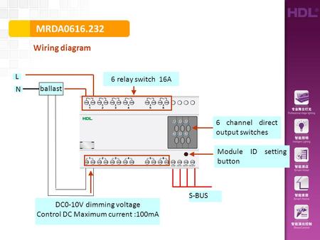MRDA0616.232 Wiring diagram S-BUS Module ID setting button ballast L N DC0-10V dimming voltage Control DC Maximum current :100mA 6 relay switch 16A 6 channel.