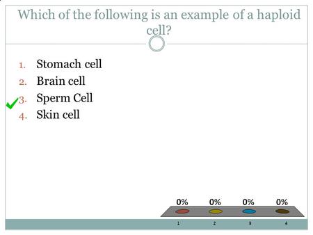 Which of the following is an example of a haploid cell? 1. Stomach cell 2. Brain cell 3. Sperm Cell 4. Skin cell.
