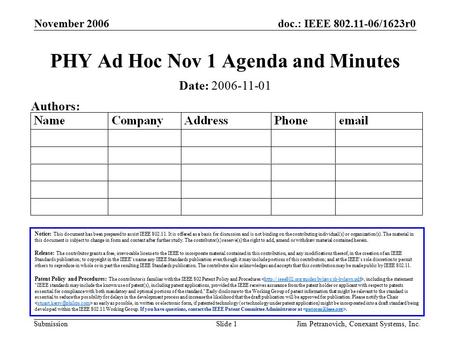 Doc.: IEEE 802.11-06/1623r0 Submission November 2006 Jim Petranovich, Conexant Systems, Inc.Slide 1 PHY Ad Hoc Nov 1 Agenda and Minutes Notice: This document.
