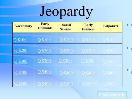 Jeopardy Vocabulary Q $100 Q $200 Q $300 Q $400 Q $500 Q $100 Q $200 Q $300 Q $400 Q $500 Final Jeopardy Early Hominids Social Science Early Farmers Potpourri.