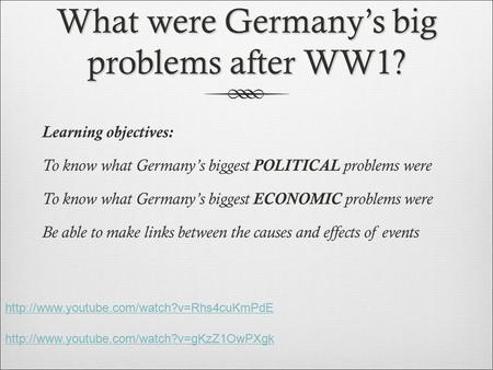 What were Germany’s big problems after WW1? Learning objectives: To know what Germany’s biggest POLITICAL problems were To know what Germany’s biggest.