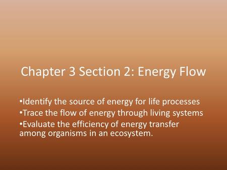 Chapter 3 Section 2: Energy Flow Identify the source of energy for life processes Trace the flow of energy through living systems Evaluate the efficiency.