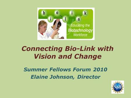 Connecting Bio-Link with Vision and Change Summer Fellows Forum 2010 Elaine Johnson, Director.