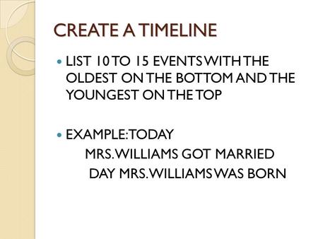 CREATE A TIMELINE LIST 10 TO 15 EVENTS WITH THE OLDEST ON THE BOTTOM AND THE YOUNGEST ON THE TOP EXAMPLE: TODAY MRS. WILLIAMS GOT MARRIED DAY MRS. WILLIAMS.