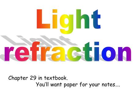 Light refraction Chapter 29 in textbook.