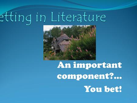 An important component?... You bet!. Setting The time, place, and environment where a story occurs.