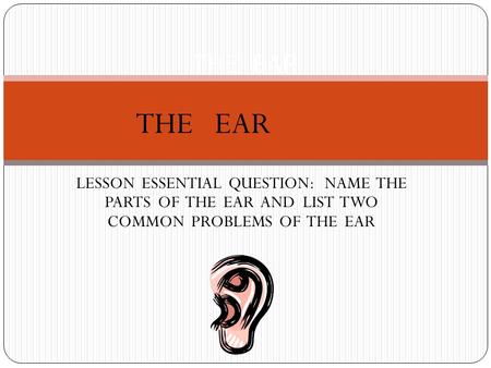 LESSON ESSENTIAL QUESTION: NAME THE PARTS OF THE EAR AND LIST TWO COMMON PROBLEMS OF THE EAR THE EAR.