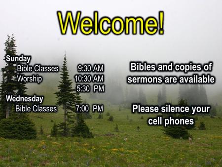Welcome! Bibles and copies of sermons are available Please silence your cell phones Sunday Bible Classes 9:30 AM Worship 10:30 AM 5:30 PM Wednesday Bible.