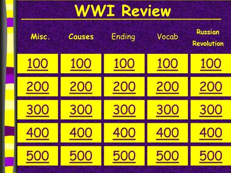 WWI Review Misc.CausesEnding 100 200 300 400 500 100 200 300 400 500 100 200 300 400 500 100 200 300 400 500 100 200 300 400 500 Russian Revolution Vocab.