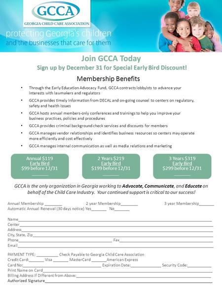 Join GCCA Today Sign up by December 31 for Special Early Bird Discount! Sign up by December 31 for Special Early Bird Discount! Membership Benefits Through.