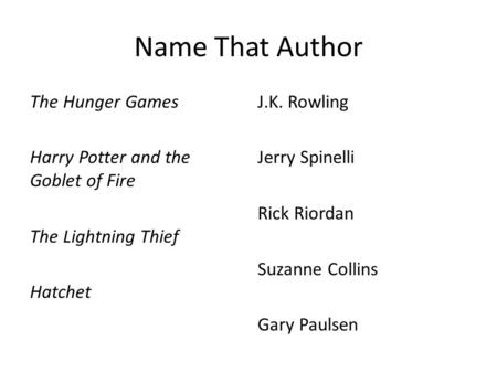 Name That Author The Hunger Games Harry Potter and the Goblet of Fire The Lightning Thief Hatchet J.K. Rowling Jerry Spinelli Rick Riordan Suzanne Collins.
