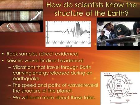 How do scientists know the structure of the Earth? Rock samples (direct evidence) Seismic waves (indirect evidence) –Vibrations that travel through Earth.